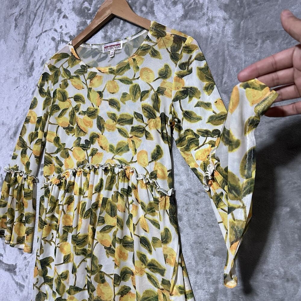 Mishca Novelty Mesh Bell Sleeve Peplum Top Womens Sz S Yellow Lemon Print Sheer - Picture 4 of 8